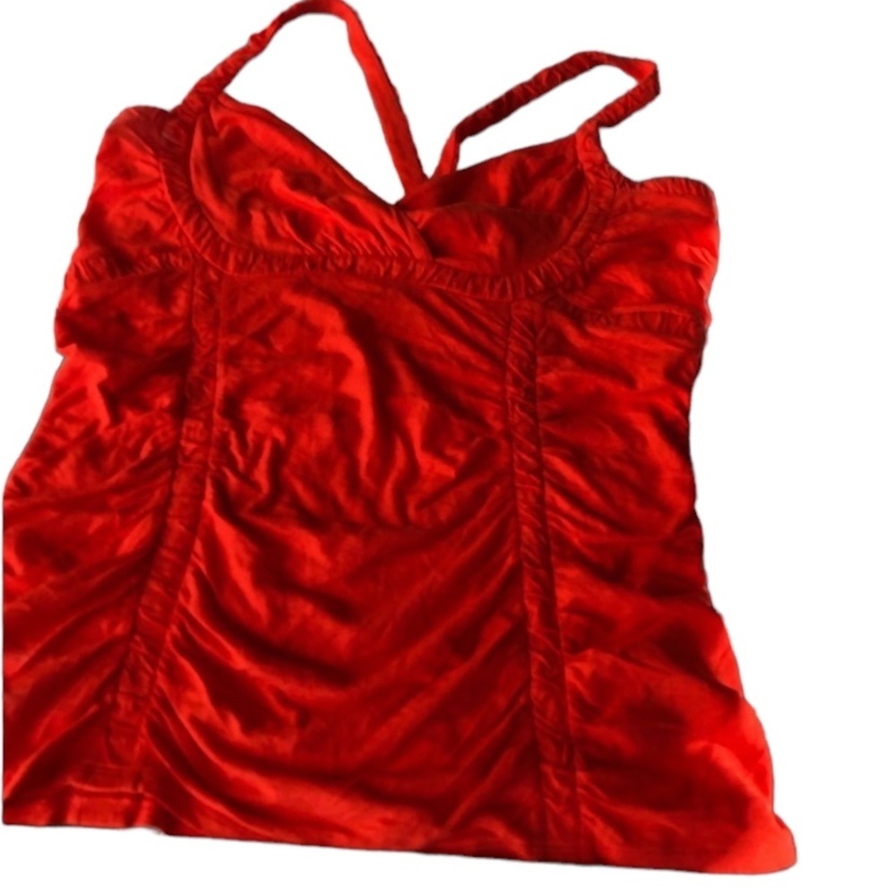 DELETTA by ANTHROPOLOGIE size large coral orange ruched top  slimming top